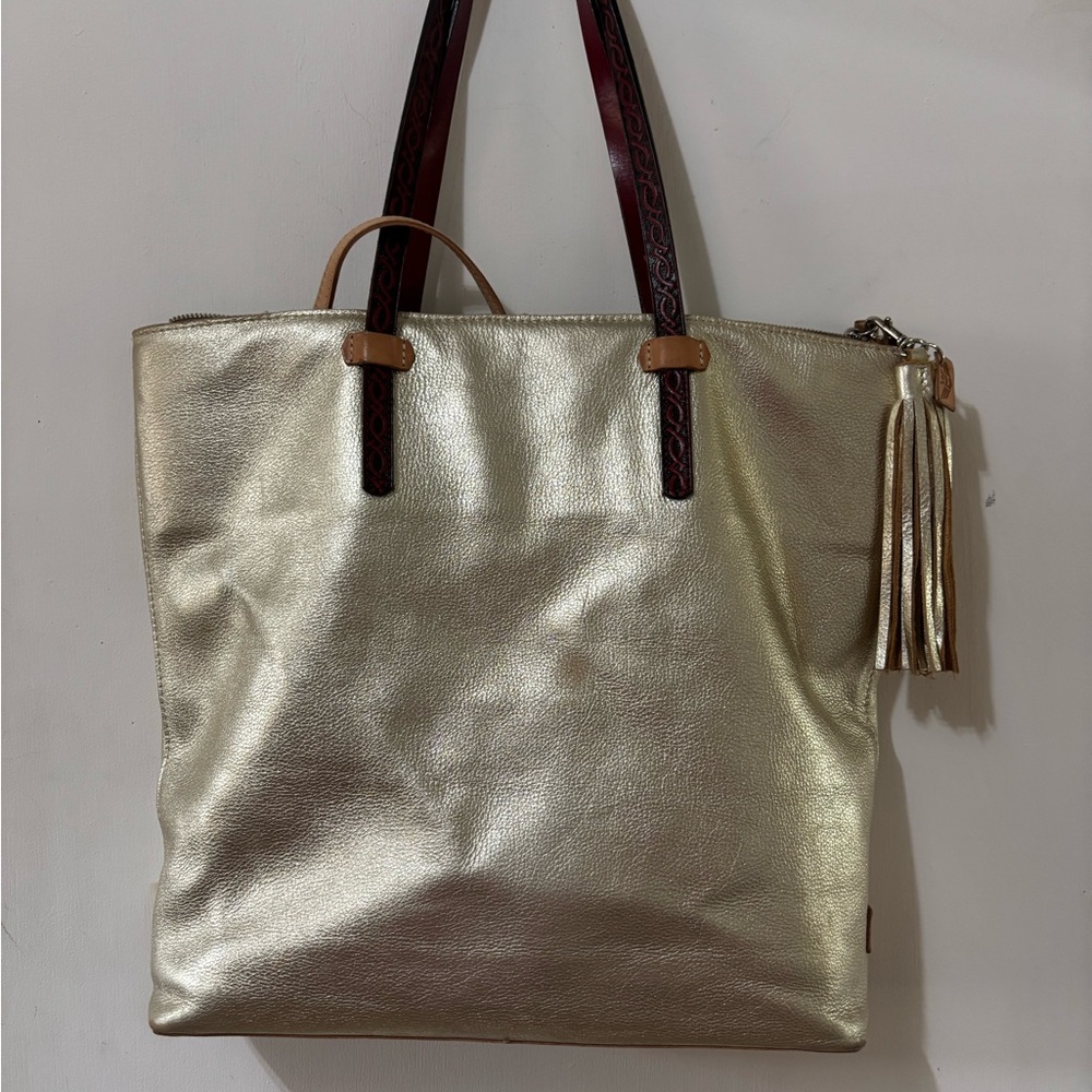 Consuela Gold Metallic Tote with Tassel Detail